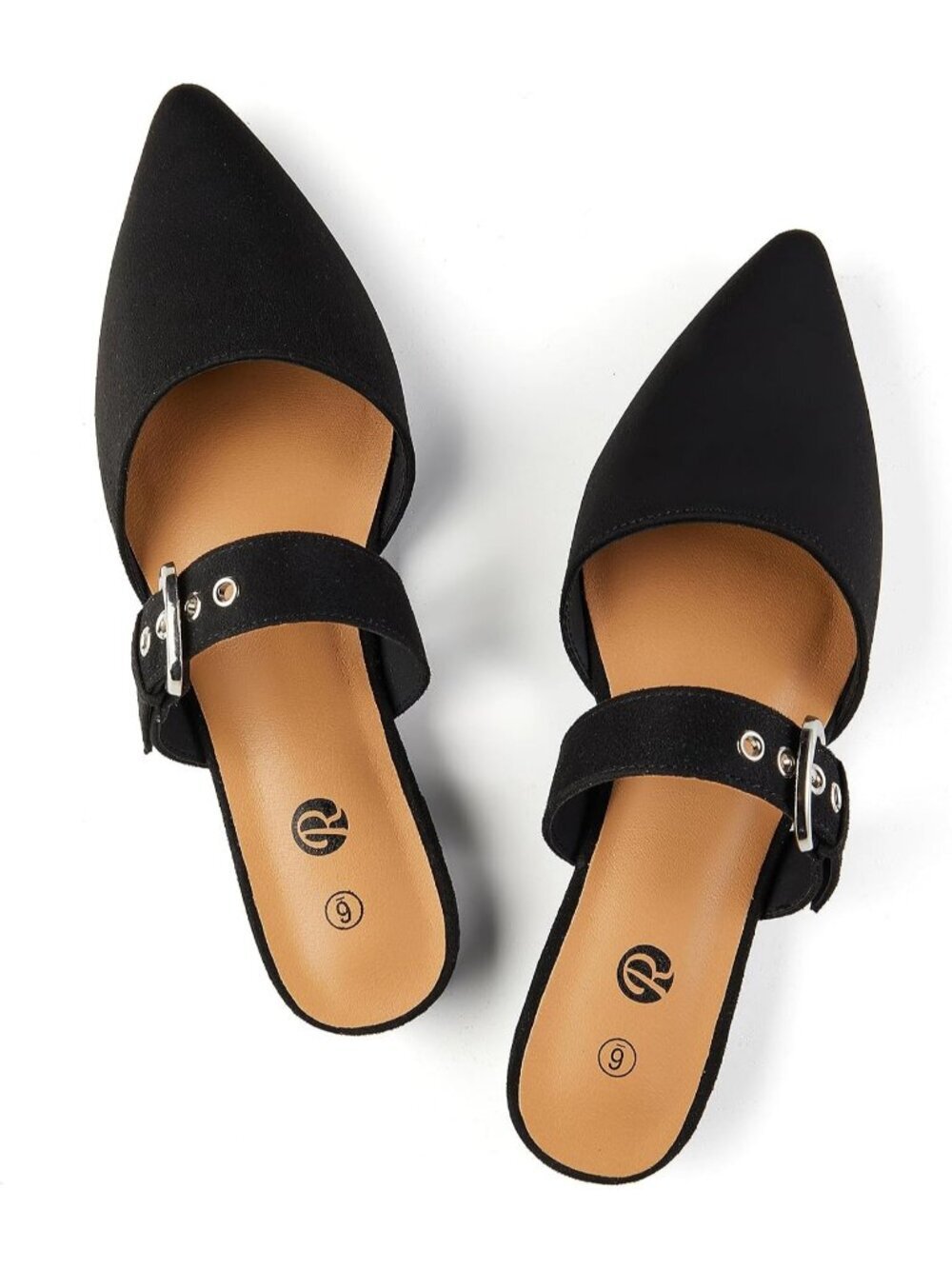 Women's Black Canvas Pointed Toe Backless Loafer Shoes with Adjustable Strap